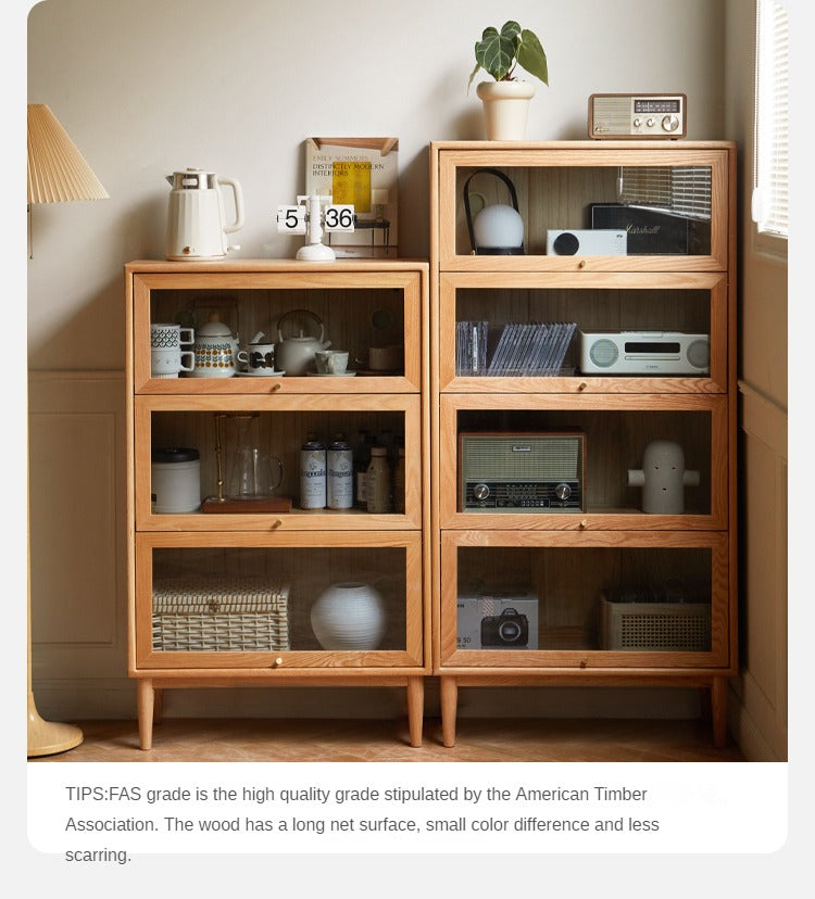 Solid Rubberwood, Oak Solid Wood Multi layer Flip Door Glass Bookcase