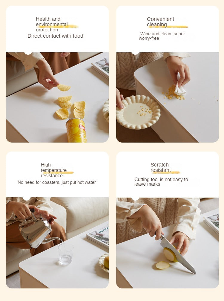 Rubber Solid Wood White Cream Style Rock Plate Coffee Table