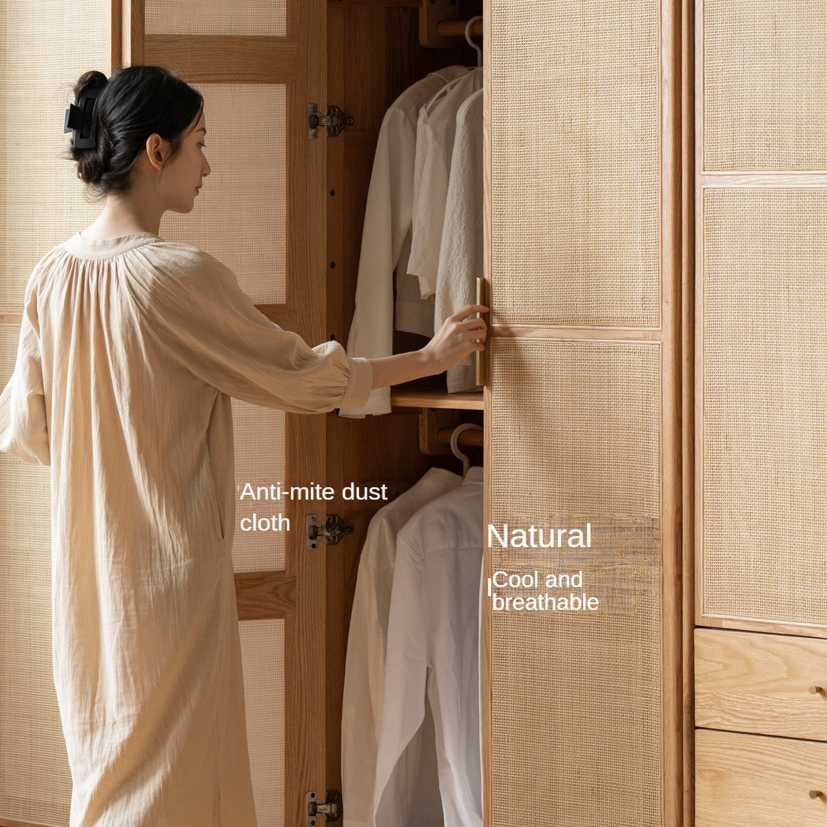 Oak Solid Wood Rattan Wardrobe.