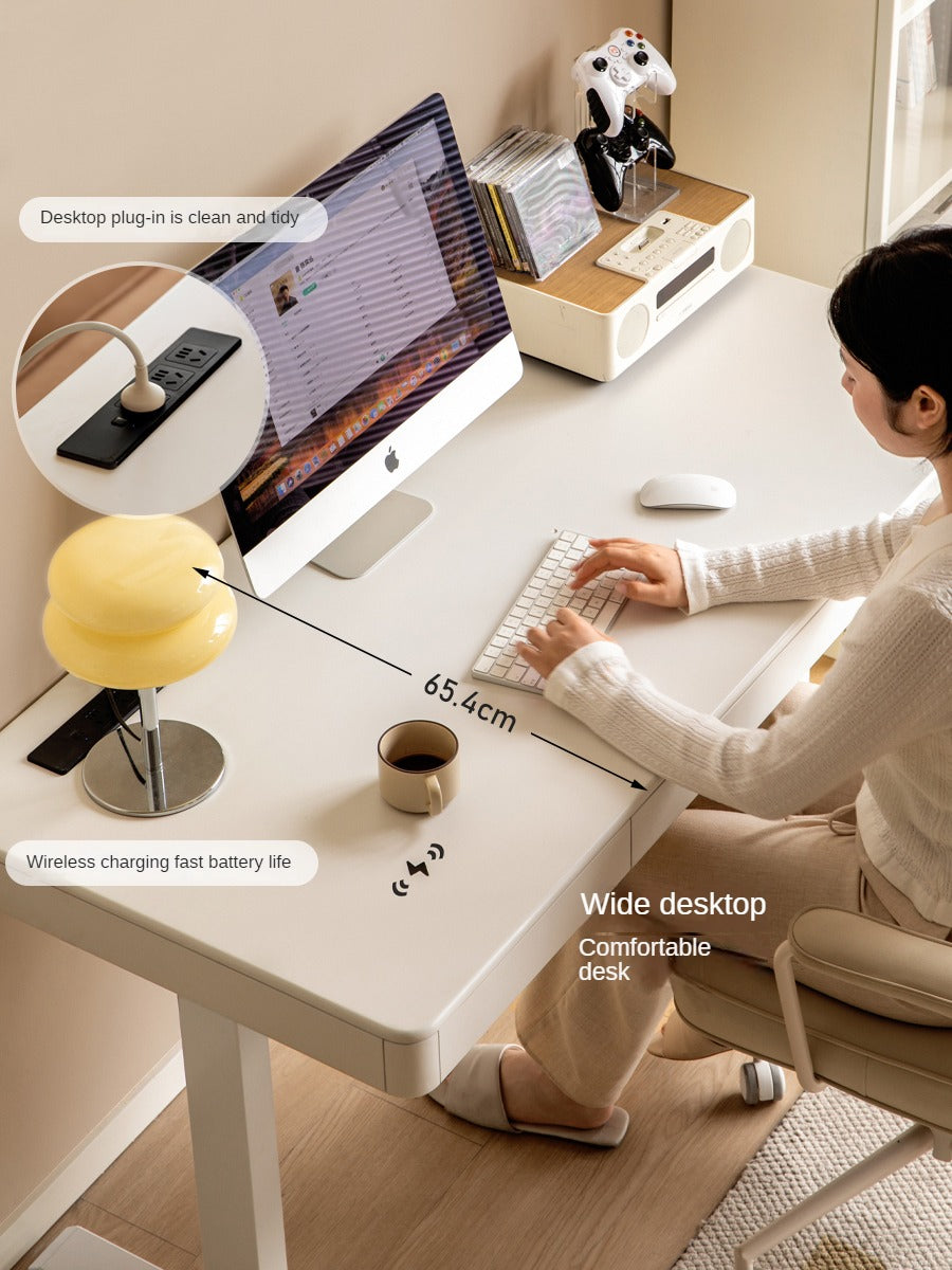 Solid Rubberwood Smart Electric Lift Desk Cream Style