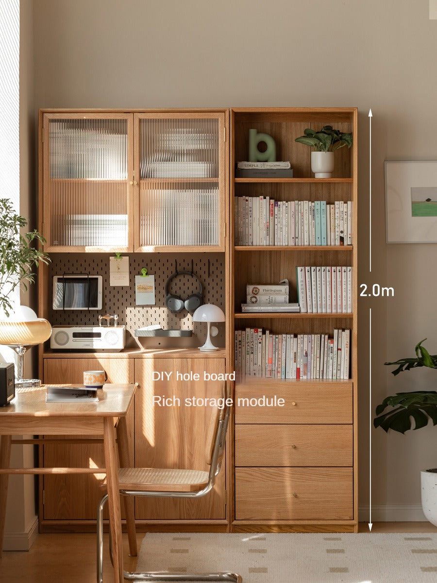 Oak Solid Wood Nordic Style Bookshelf with Floor Storage Cabinet