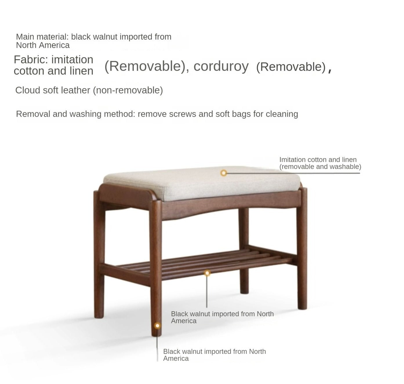 Black Walnut Solid Wood Genuine leather, Fabrics Shoe Changing Stool