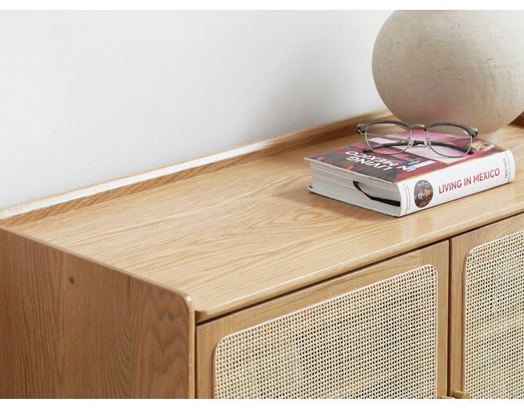 Oak Solid Wood Shoe Cabinet Storage Rattan