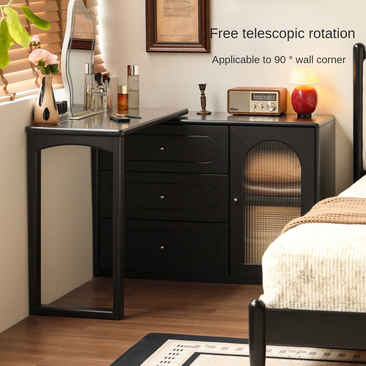 Poplar Solid Wood Retractable Dressing Table Retro Style.