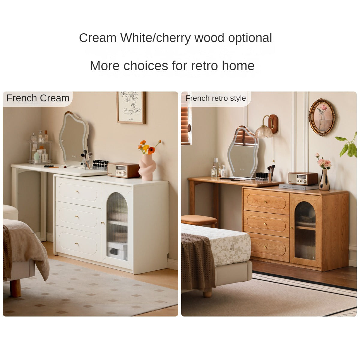 Poplar Solid Wood Retractable Dressing Table Retro Style.