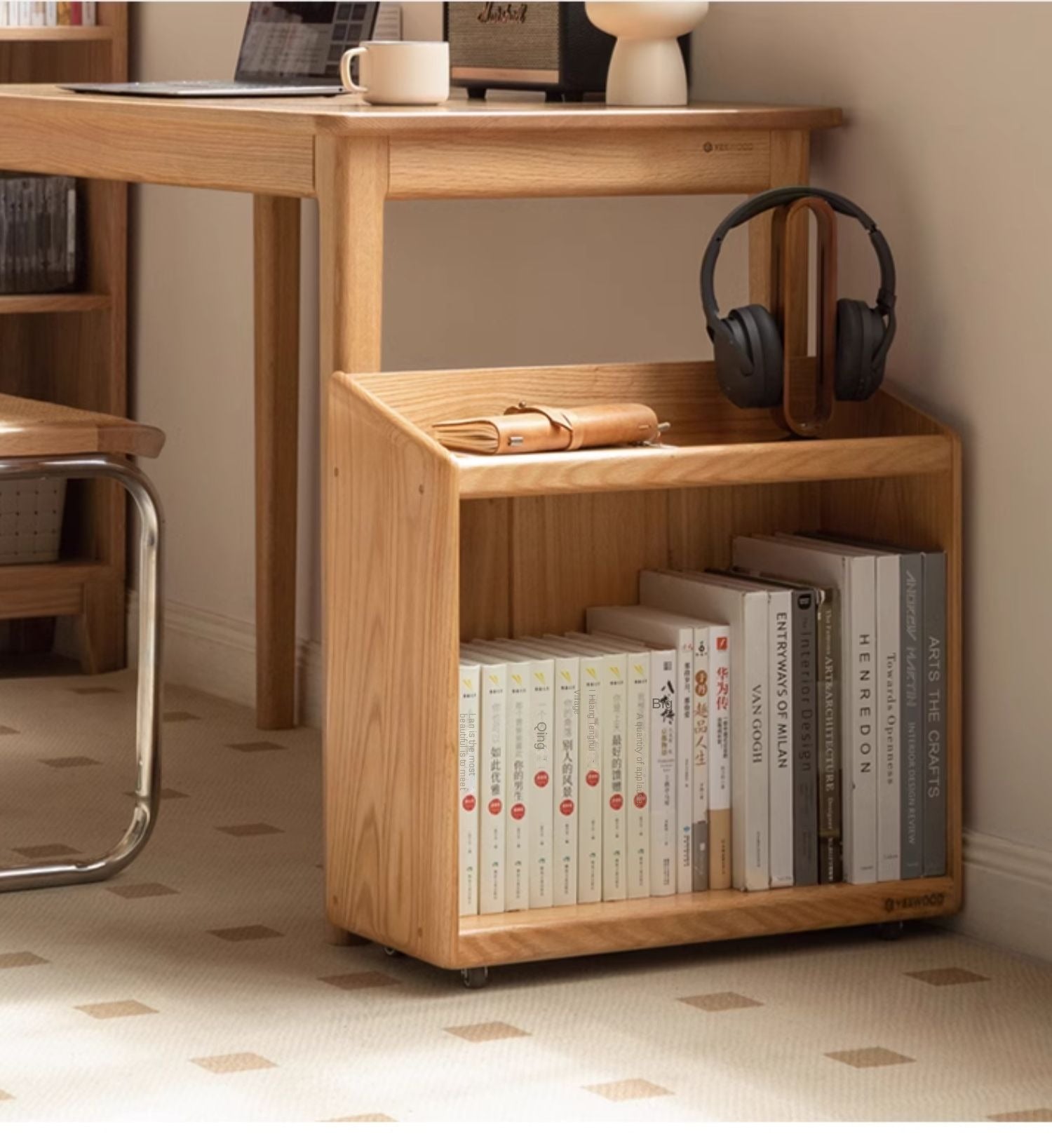 Oak, Solid Rubberwood Under-Table Bookshelf Movable