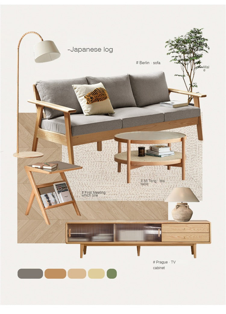 Oak Solid Wood, Glass, Rattan Coffee Table