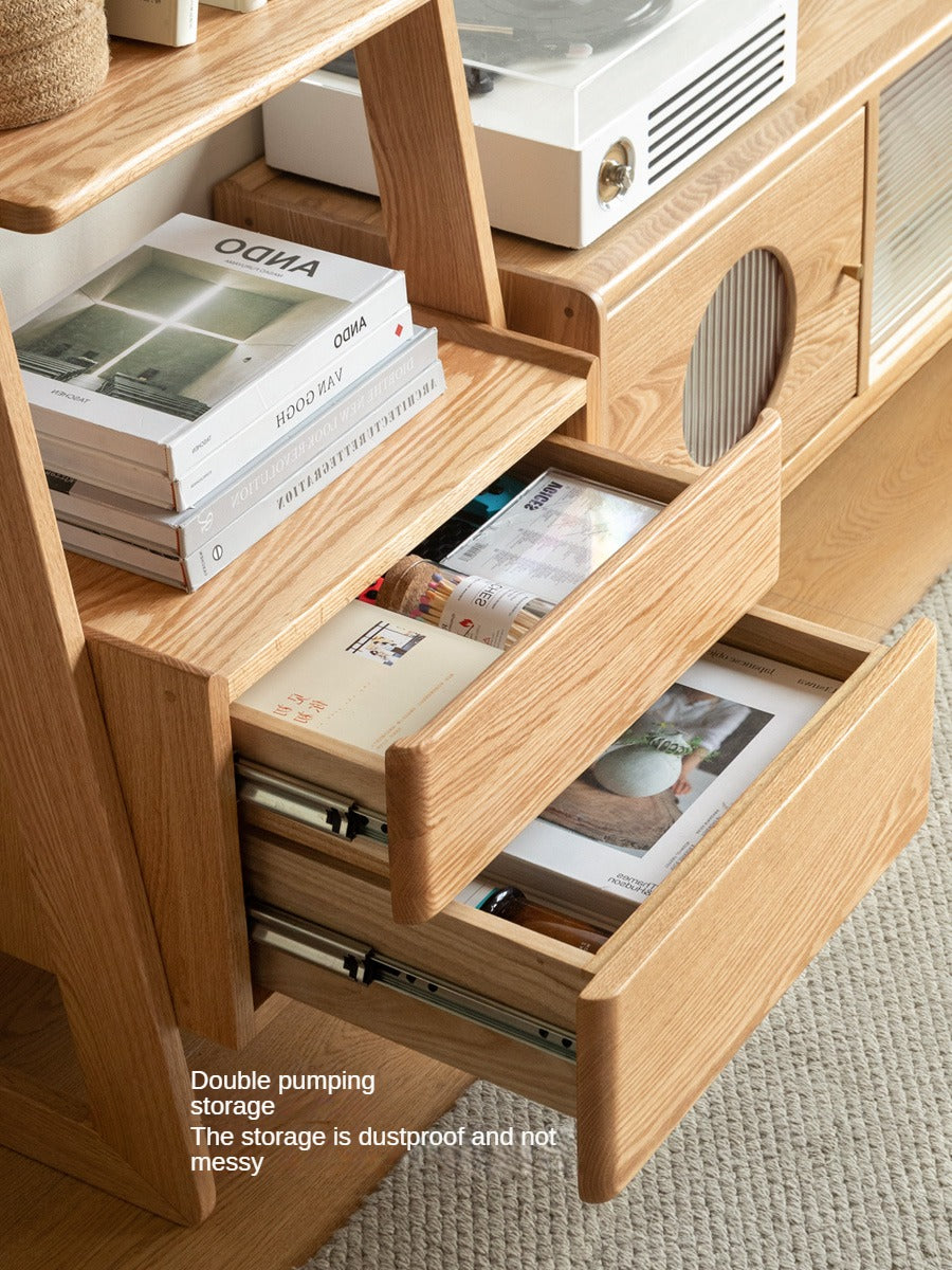 Oak Solid Wood Side Cabinet, Trapezoidal Storage Rack