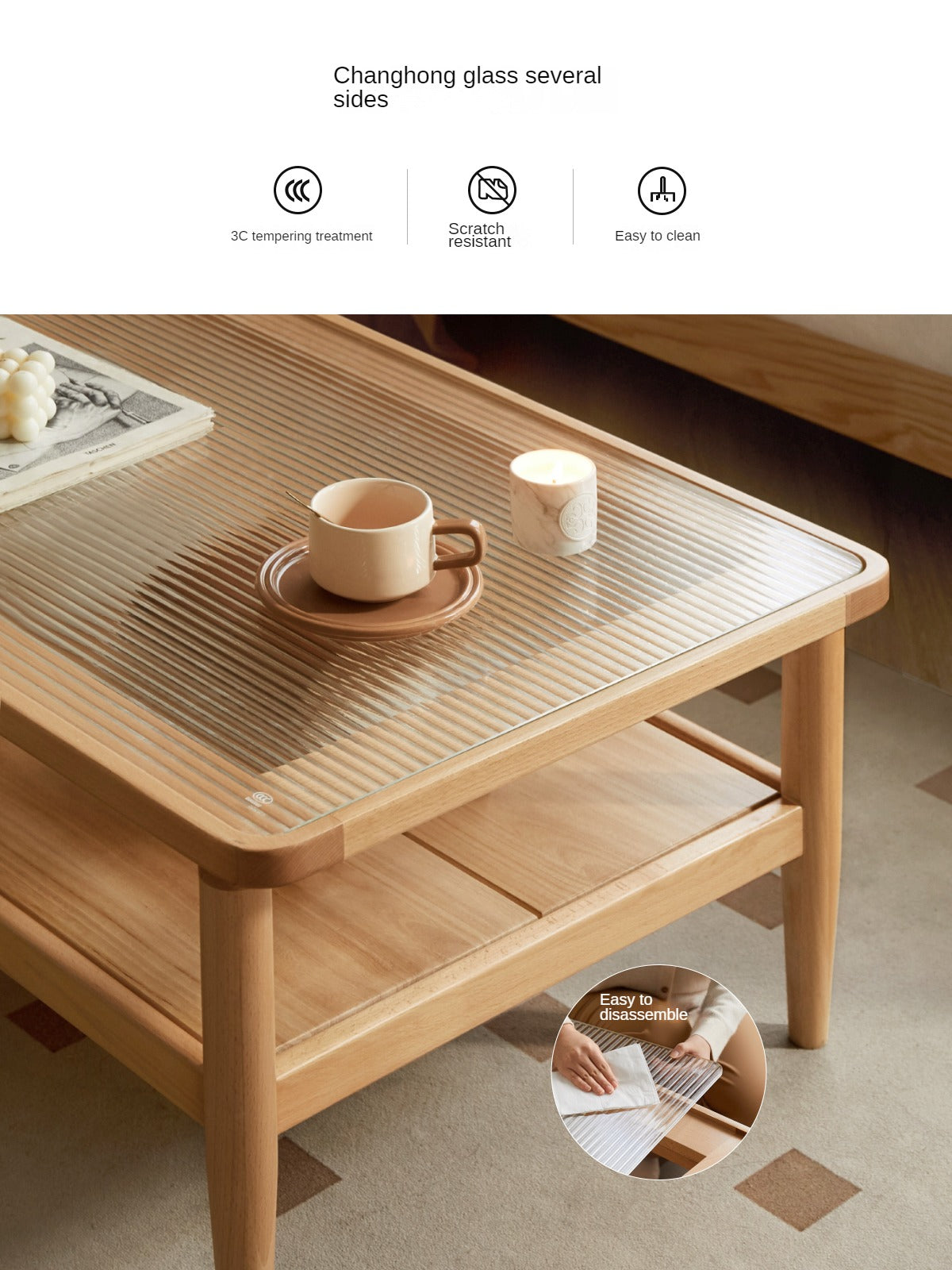 Beech Solid Wood Glass Coffee Table Nordic