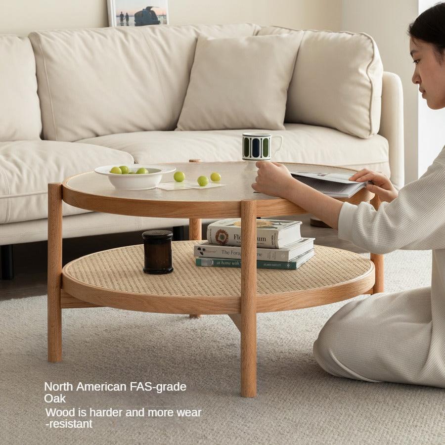 Oak Solid Wood, Glass, Rattan Coffee Table