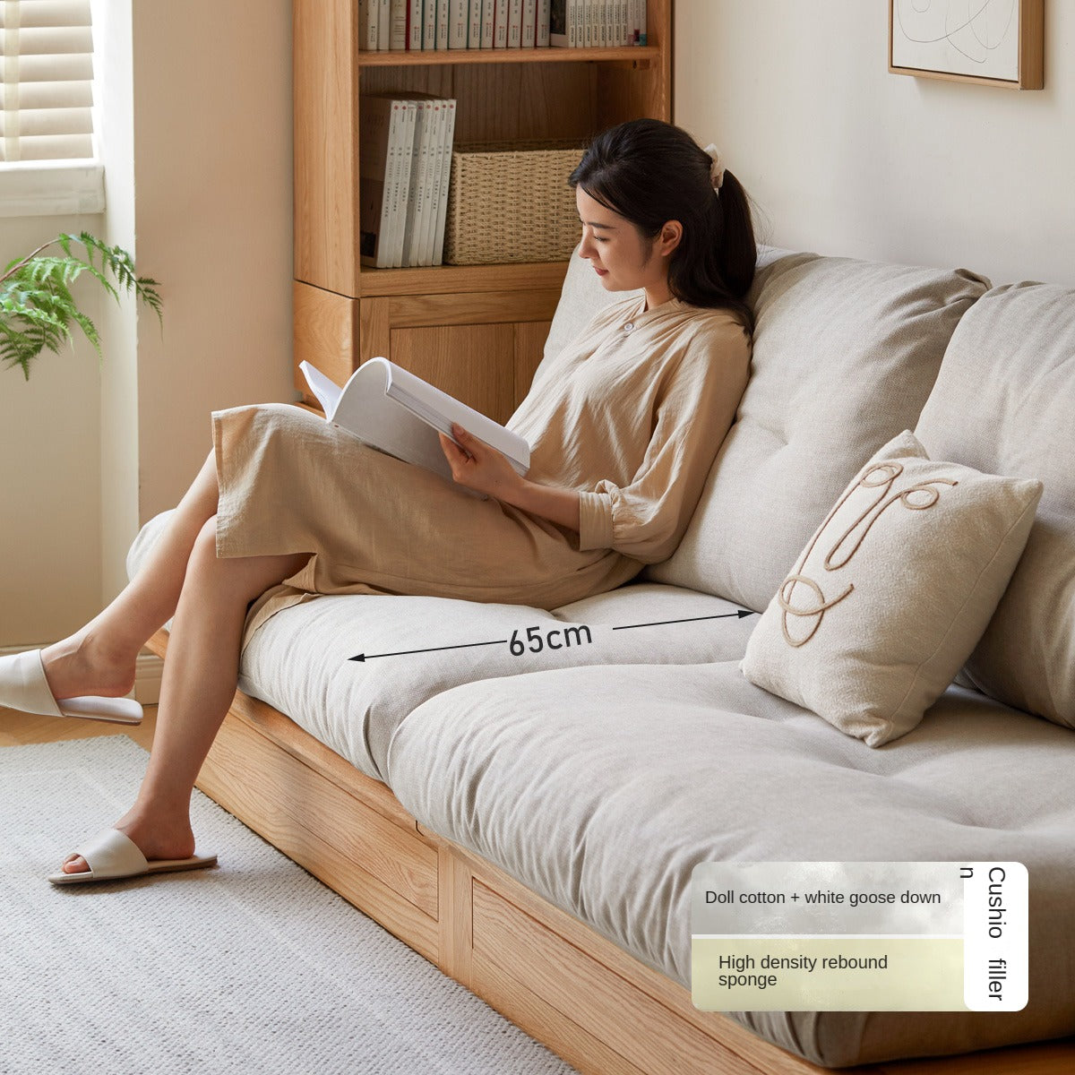 Oak Solid Wood dual-use Fabric Storage Sofa.