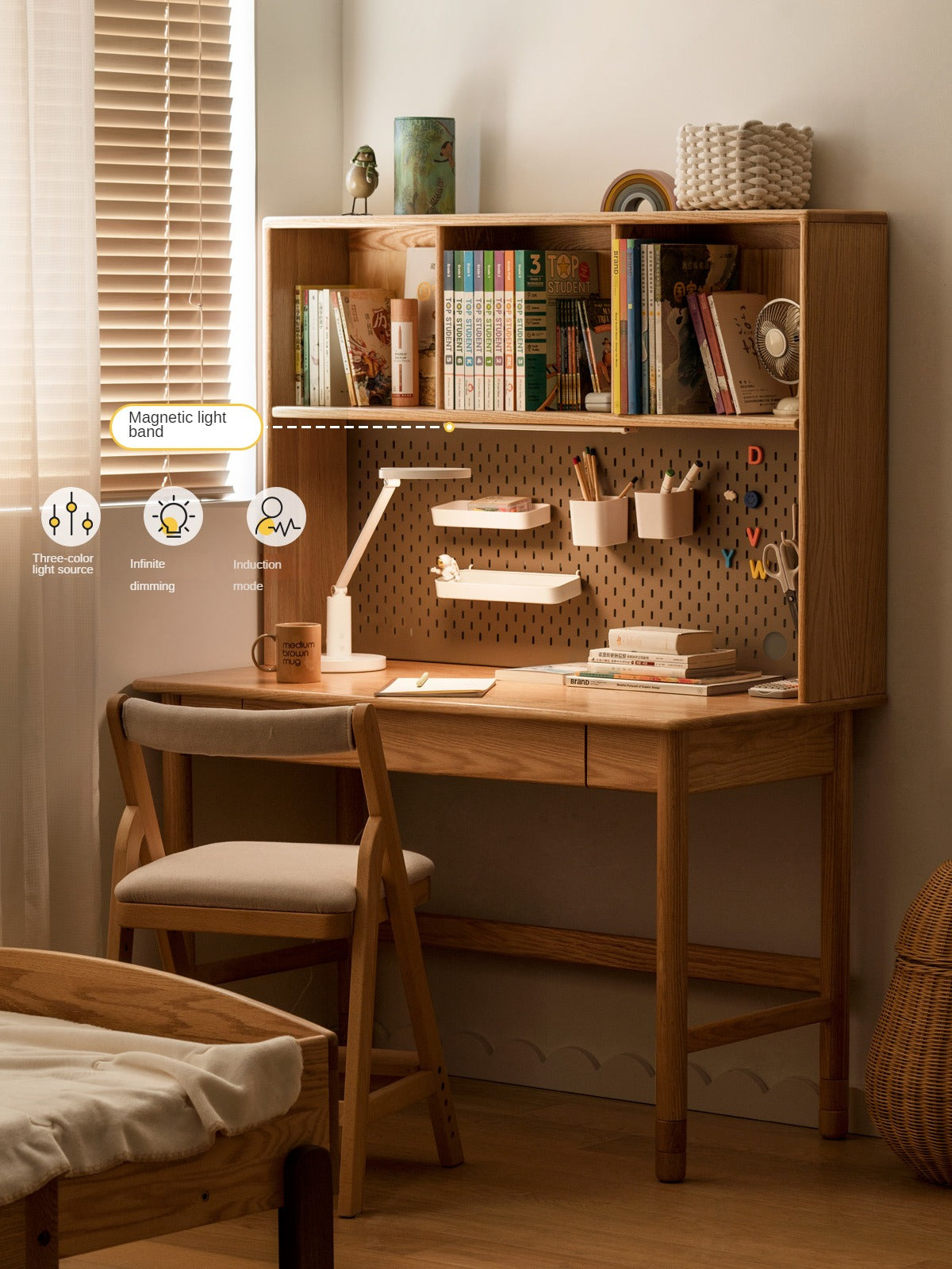 Oak Solid Wood Kids Lifting Study Desk Bookshelf