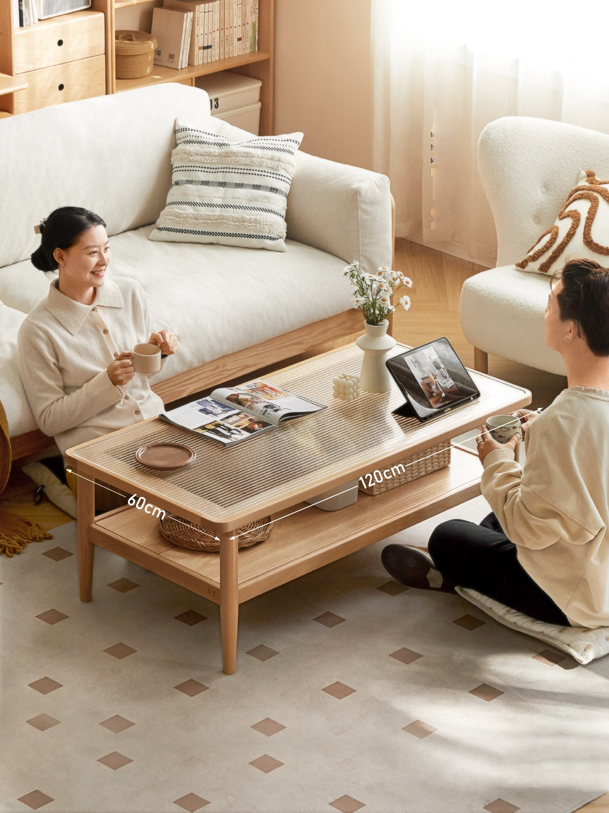 Beech Solid Wood Glass Coffee Table Nordic