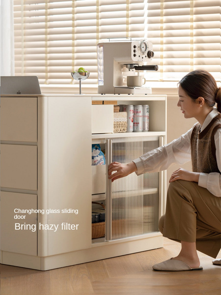 Poplar Solid Wood Partition Dining Cabinet, White Cream Rock Board