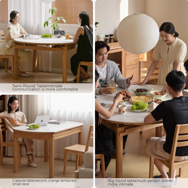 Solid Ruberwood, Oak, Ash Solid Wood Retractable Rock Plate Dining Table