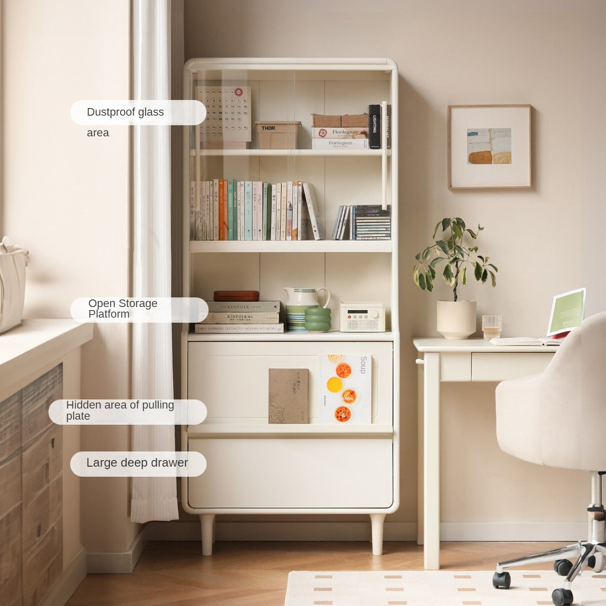 Rubber Solid Wood Bookcase Cream Storage Cabinet Display