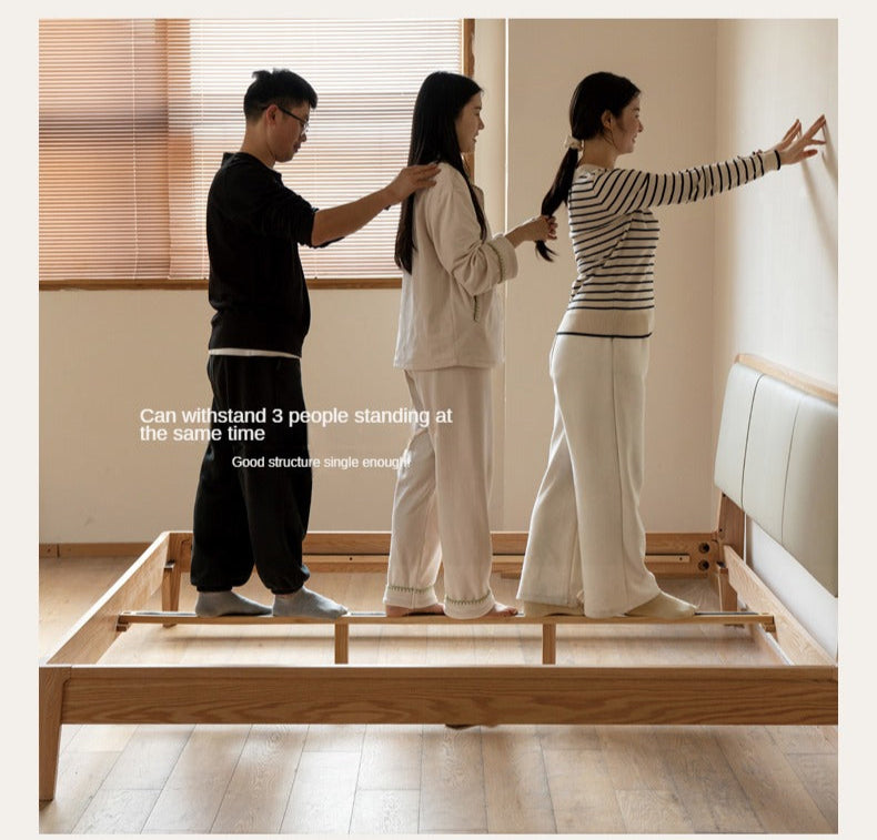 Oak Solid Wood Bed Modern Genuine Leather,Technology Cloth, Fabric