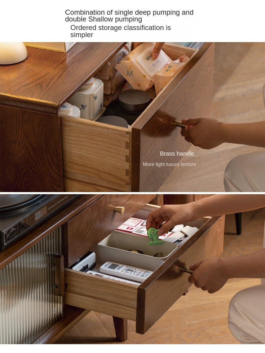 Oak, Solid Rubberwood, Beech Solid Wood TV Stand Glass Sliding Door