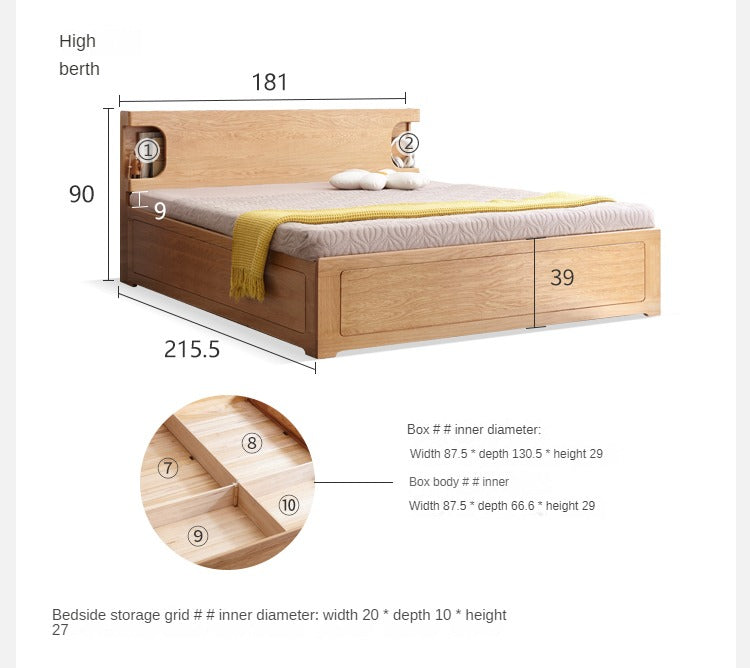 Oak Solid Wood Drawer Storage Bed with Sockets Box Bed