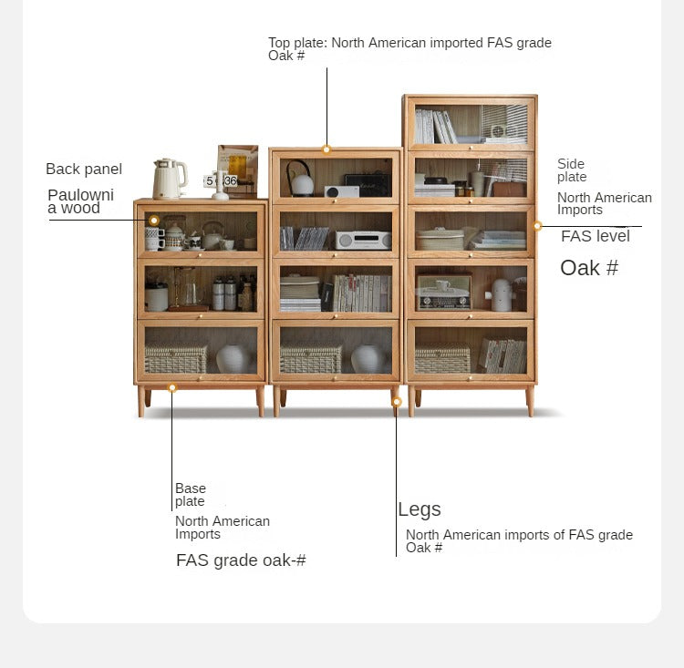 Solid Rubberwood, Oak Solid Wood Multi layer Flip Door Glass Bookcase