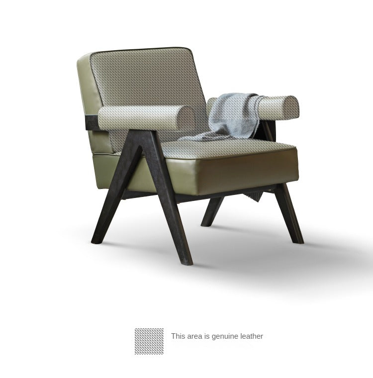 Oak Solid Wood Leather Retro Armchair