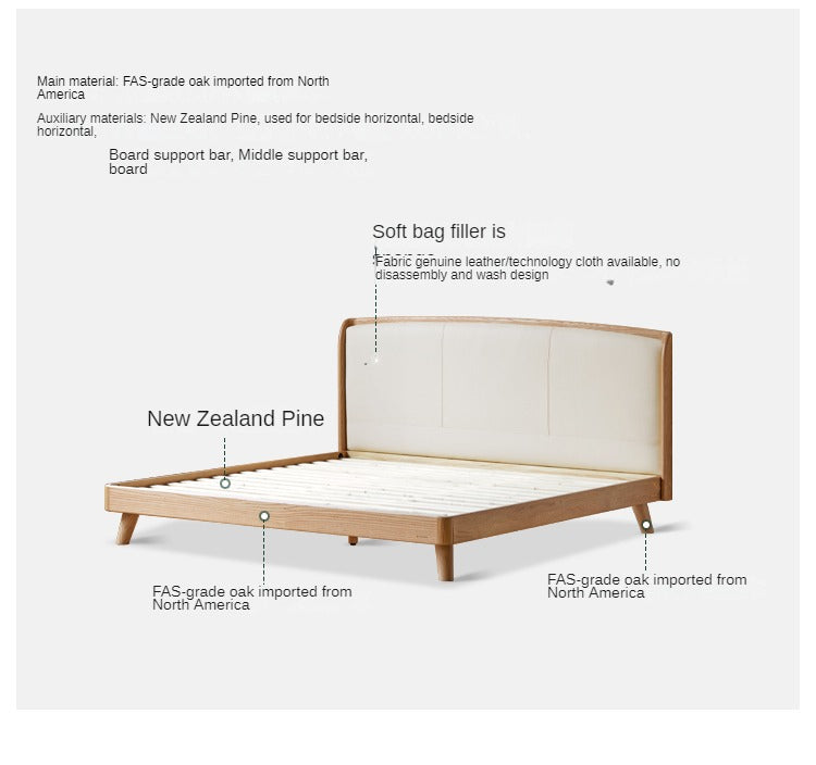 Oak Solid Wood Genuine Leather, Tech Fabric Bed