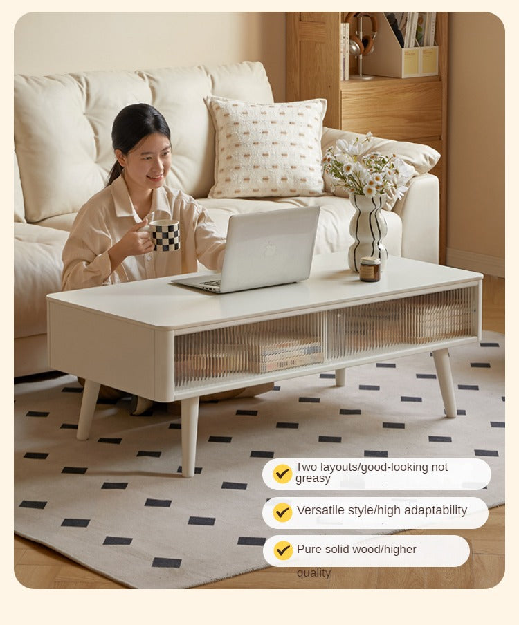 Rubber Solid Wood White Cream Style Rock Plate Coffee Table