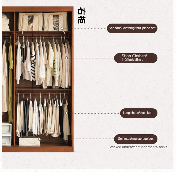 Poplar Solid Wood Wardrobe Retro Sliding Door Wardrobe.