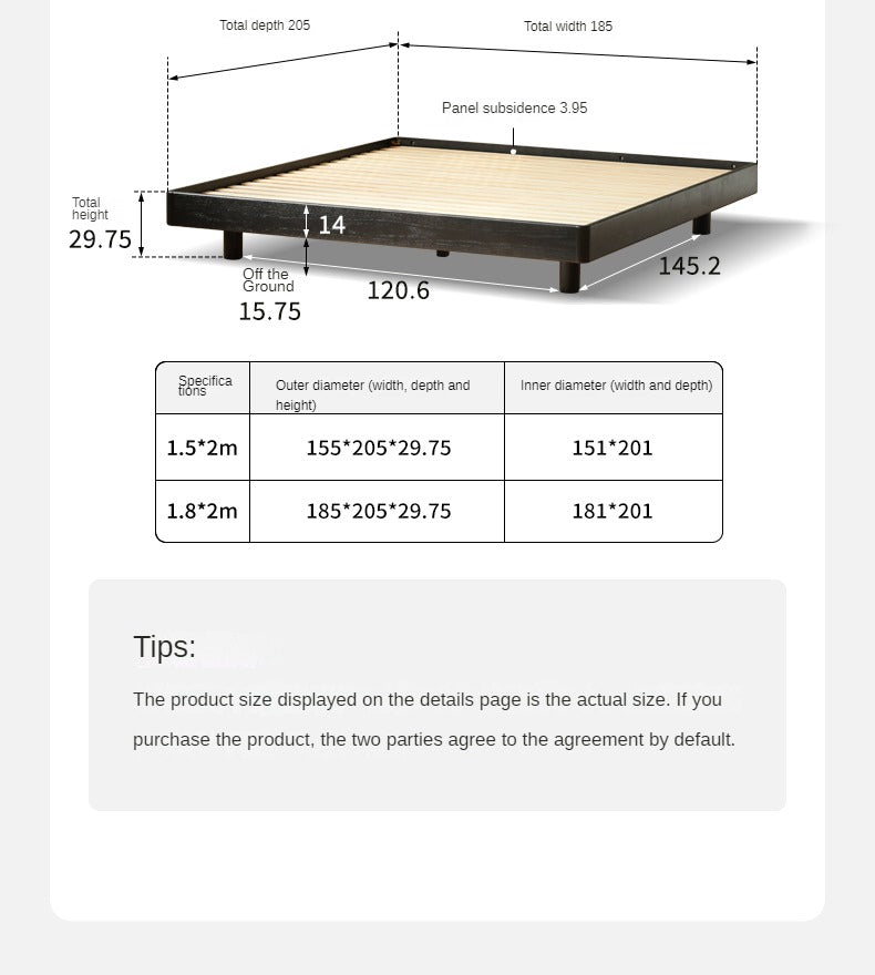Oak solid wood Suspended platform bed, headboard-free bed Black with light