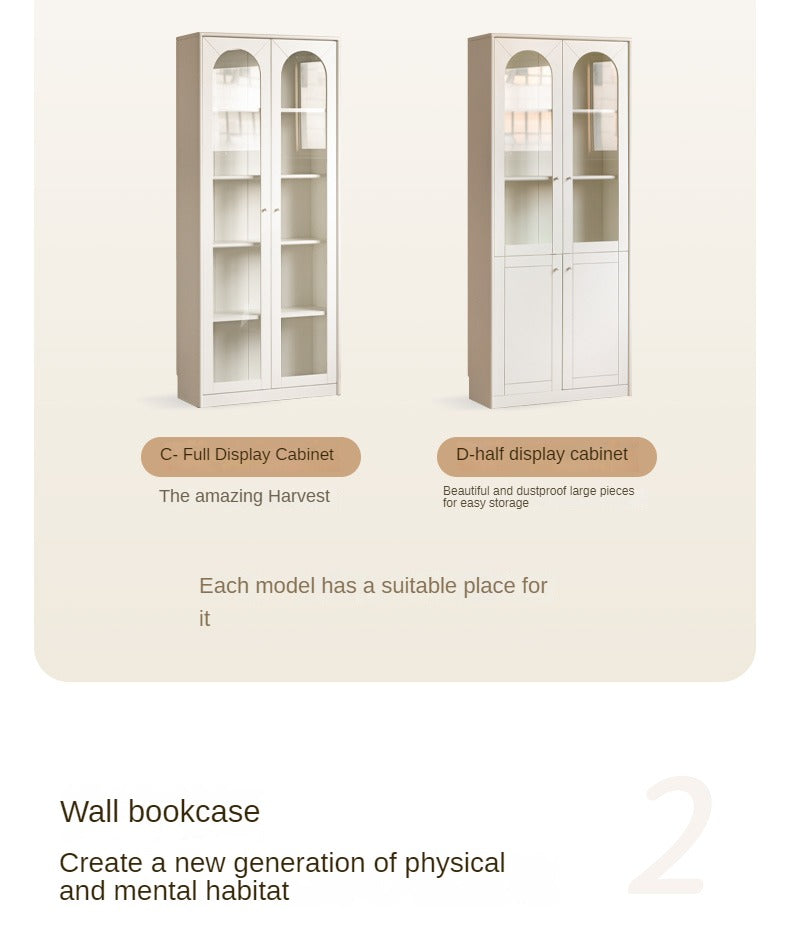 Poplar Solid Wood Bookcase White With Glass Door Whole Wall Combination French Cream Style