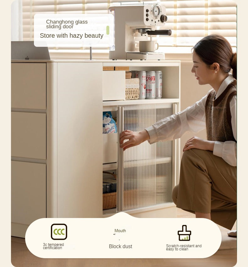 Poplar Solid Wood Partition Dining Cabinet, White Cream Rock Board