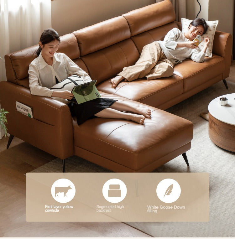 First-layer Yellow Cowhide Leather Sofa Light Luxury Italian Style.