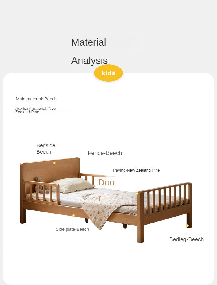 Beech Solid Wood Children's Bed for Boys and Girls Spliced Bed with Guardrail<