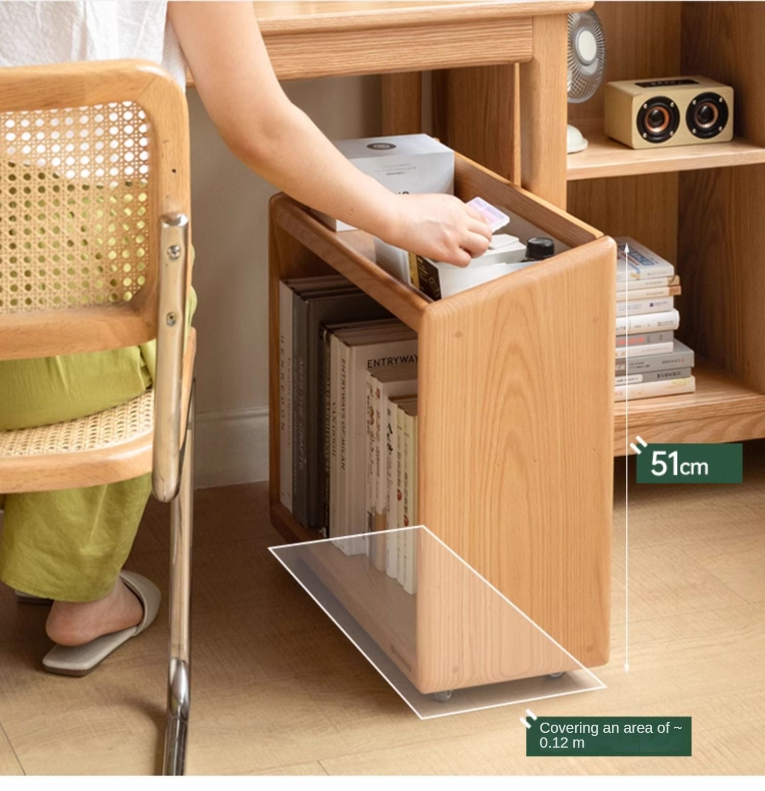 Oak, Rubberwood Solid Wood Under-desk Mobile Bookshelf
