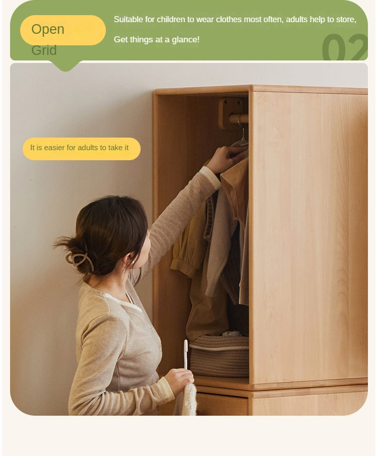Beech, Rubber Solid Wood Children's Wardrobe,Combination Storage Cabinet