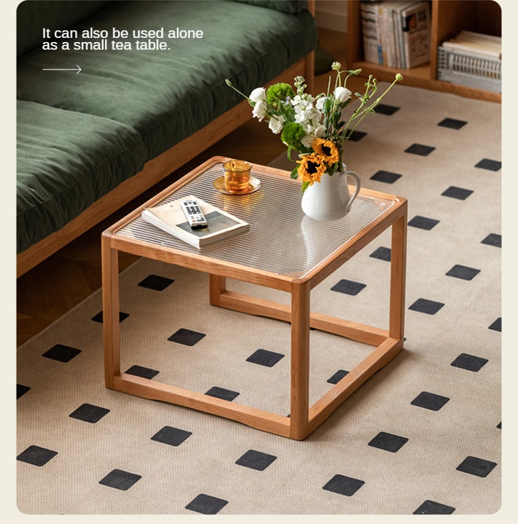 Cherry Solid Wood Square Retro Rattan Coffee Table