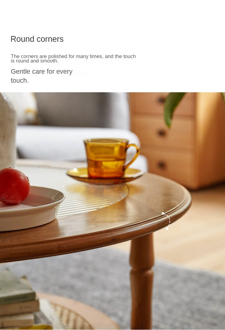 Cherry Wood Solid Wood Glass Round Coffee Table