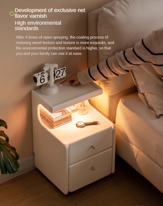 Solid RubberWood Movable Cream Style Nightstand With Light