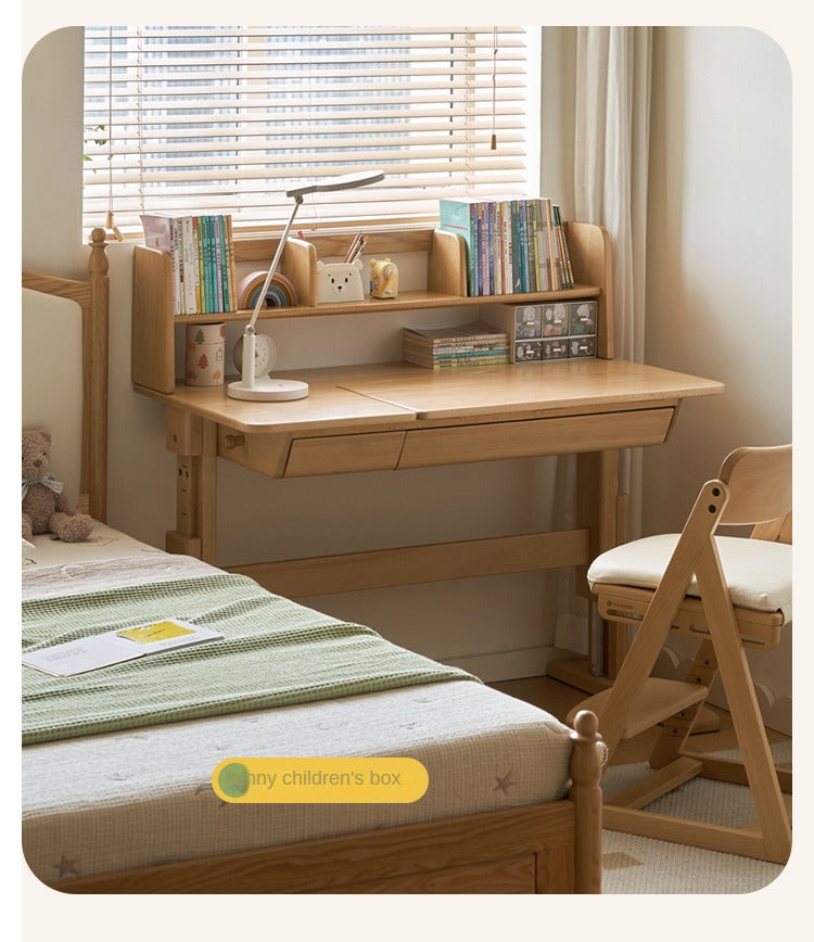 Beech Solid Wood Lifting Kids Table With Self/Chair/High Shelf