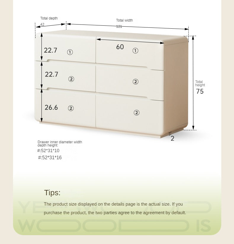 Tulipwood, Solid Rubberwood Storage Cream Drawer Dresser