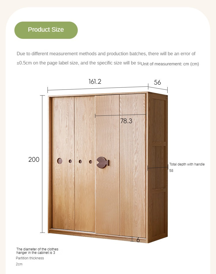 Oak Solid Wood Children's Sliding Door Wardrobe Storage Cabinet