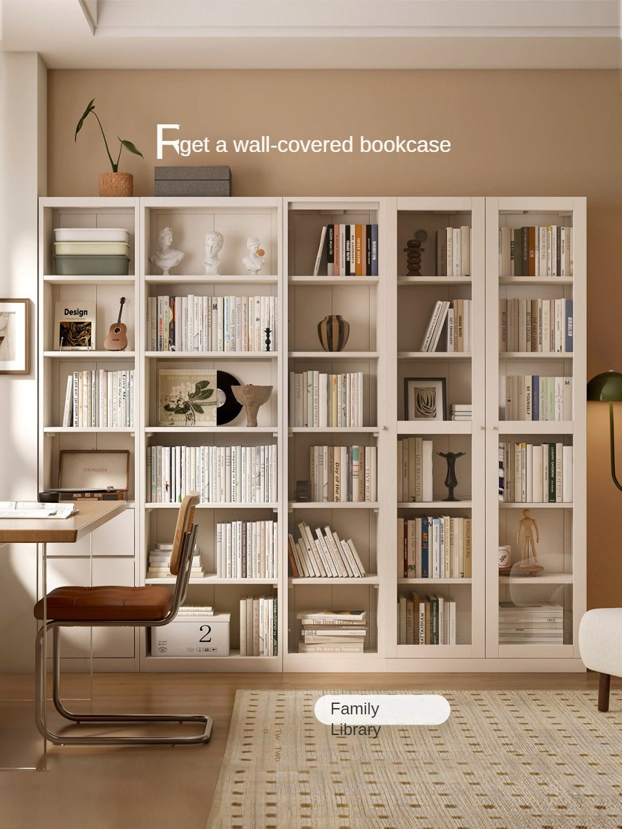 Poplar Solid Wood Combination Bookshelf Wall-To-Ceiling Bookcase Glass Door Display Cabinet Cream Style<