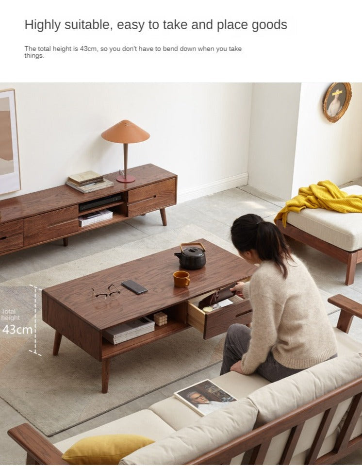 Oak, Solid Rubberwood Two-Drawer Coffee Table Walnut Color