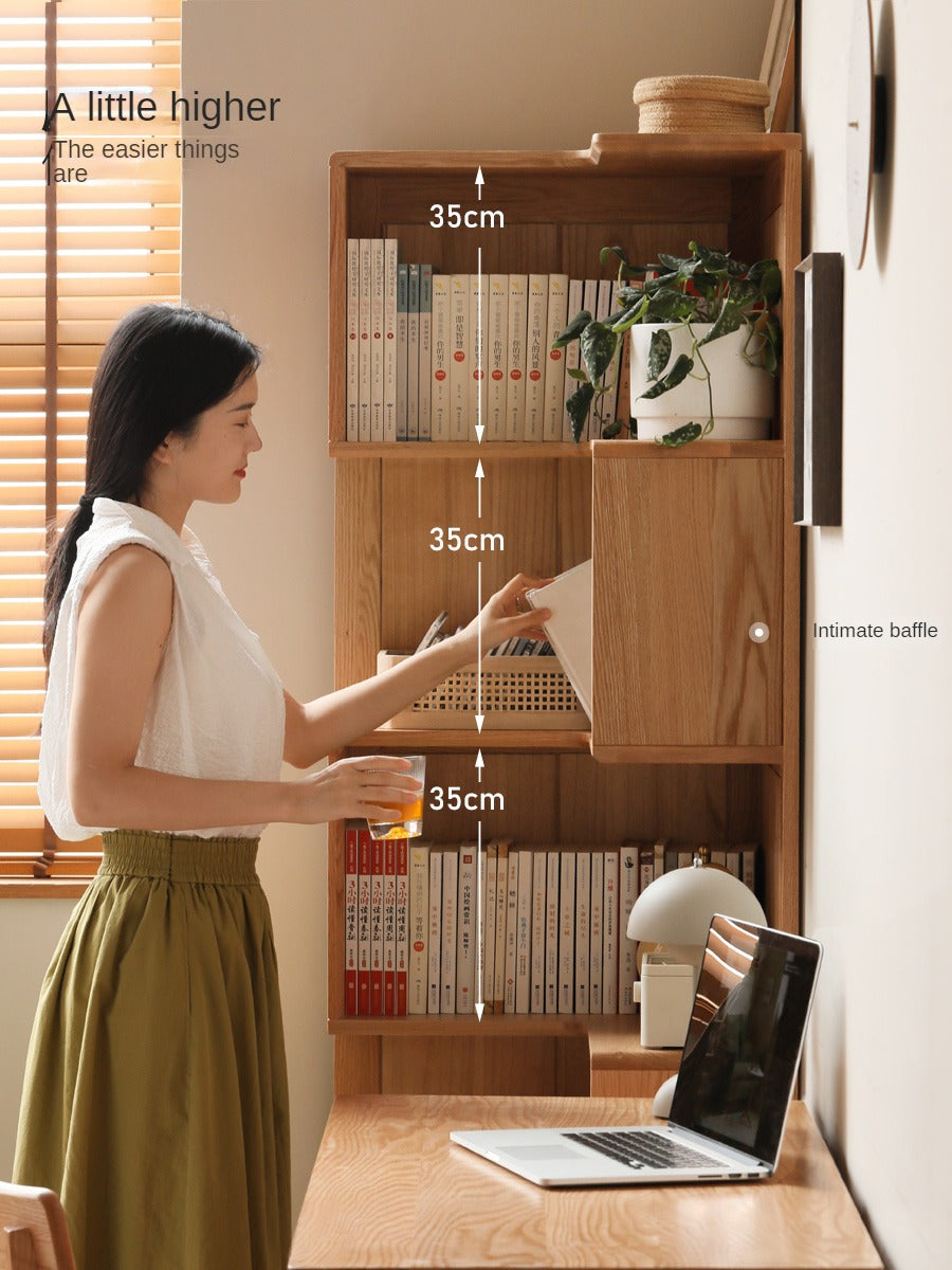 Oak Solid Wood Corner Bookshelf with Floor-Standing Storage Cabinet