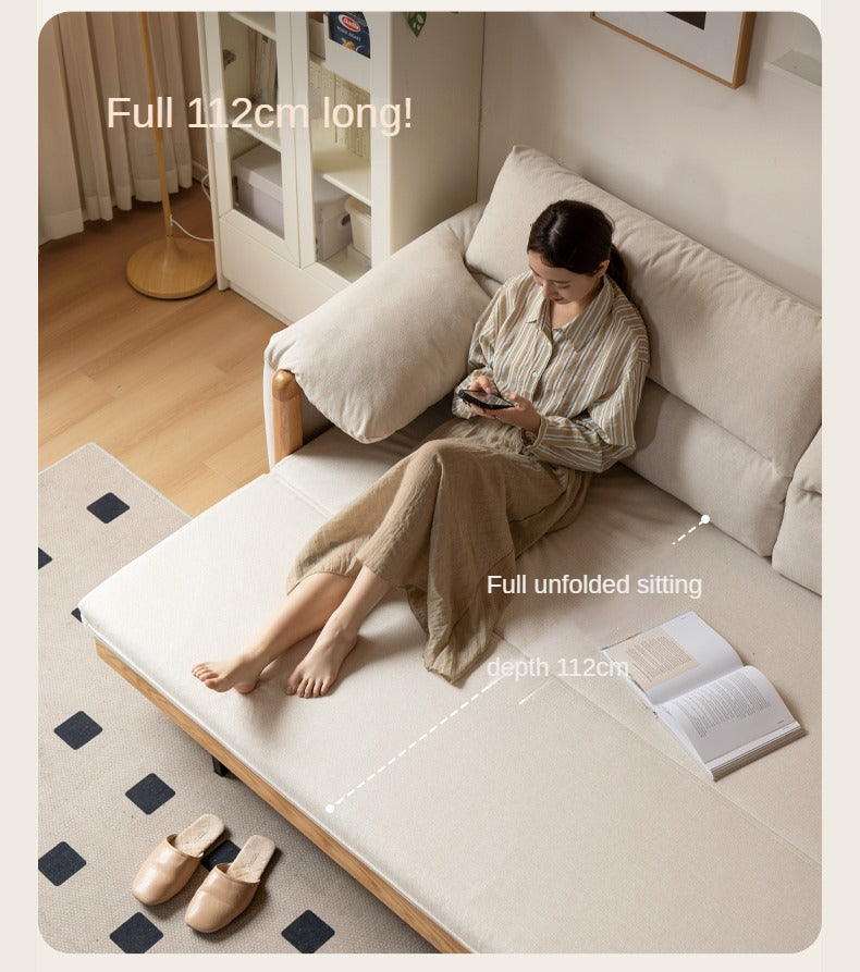 Oak Solid Wood Sitting and Sleeping Retractable Sofa Bed.