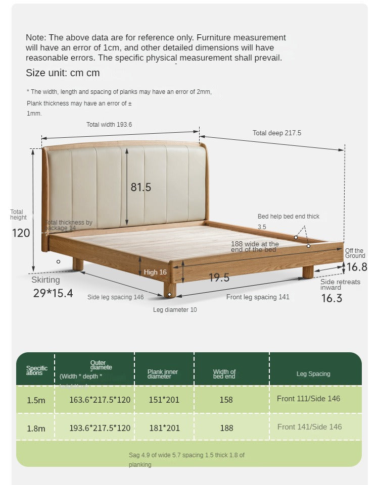 Ash Solid Wood Genuine Leather High Soft Back Bed
