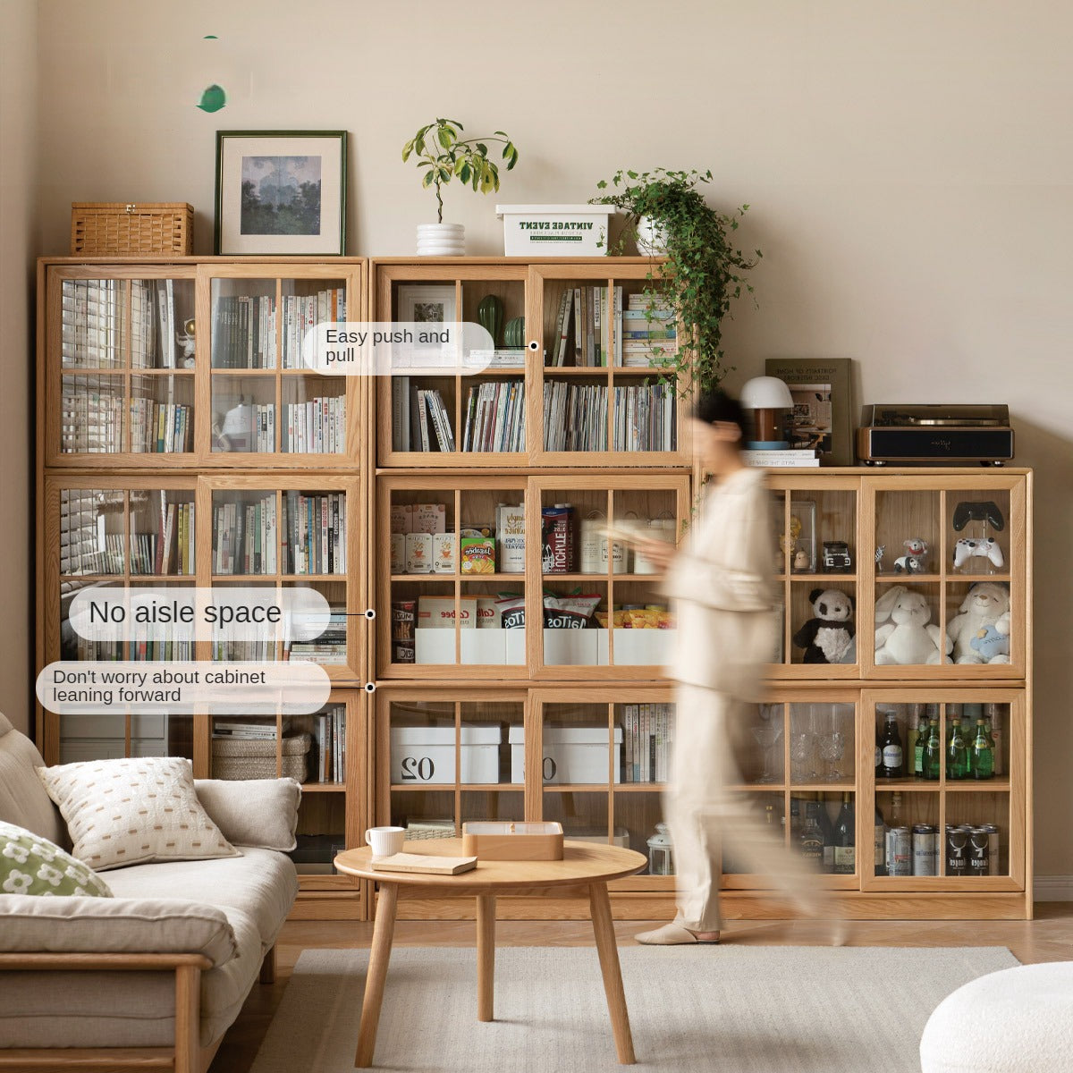 Oak Solid Wood Bookcase Floor to Floor Free Combination Sliding Door