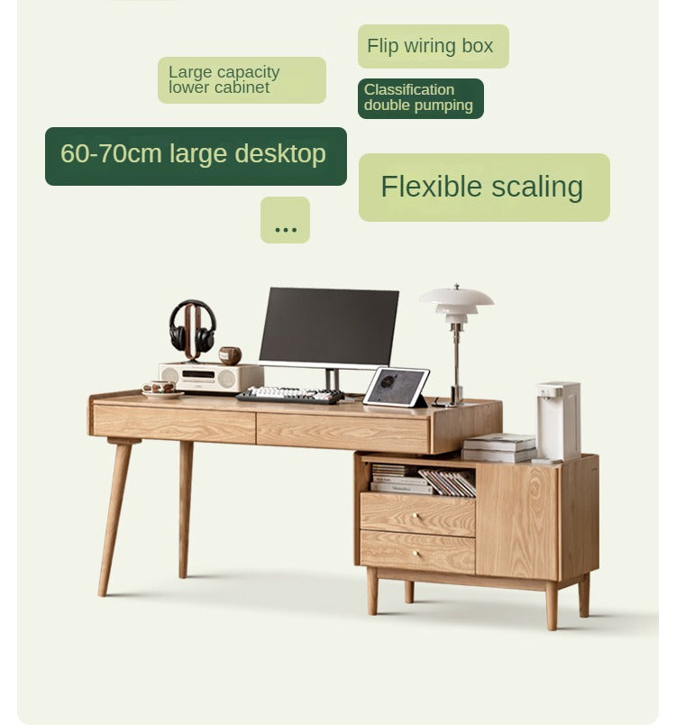 Ash Solid Wood Retractable Desk with Cabinet, Home Office