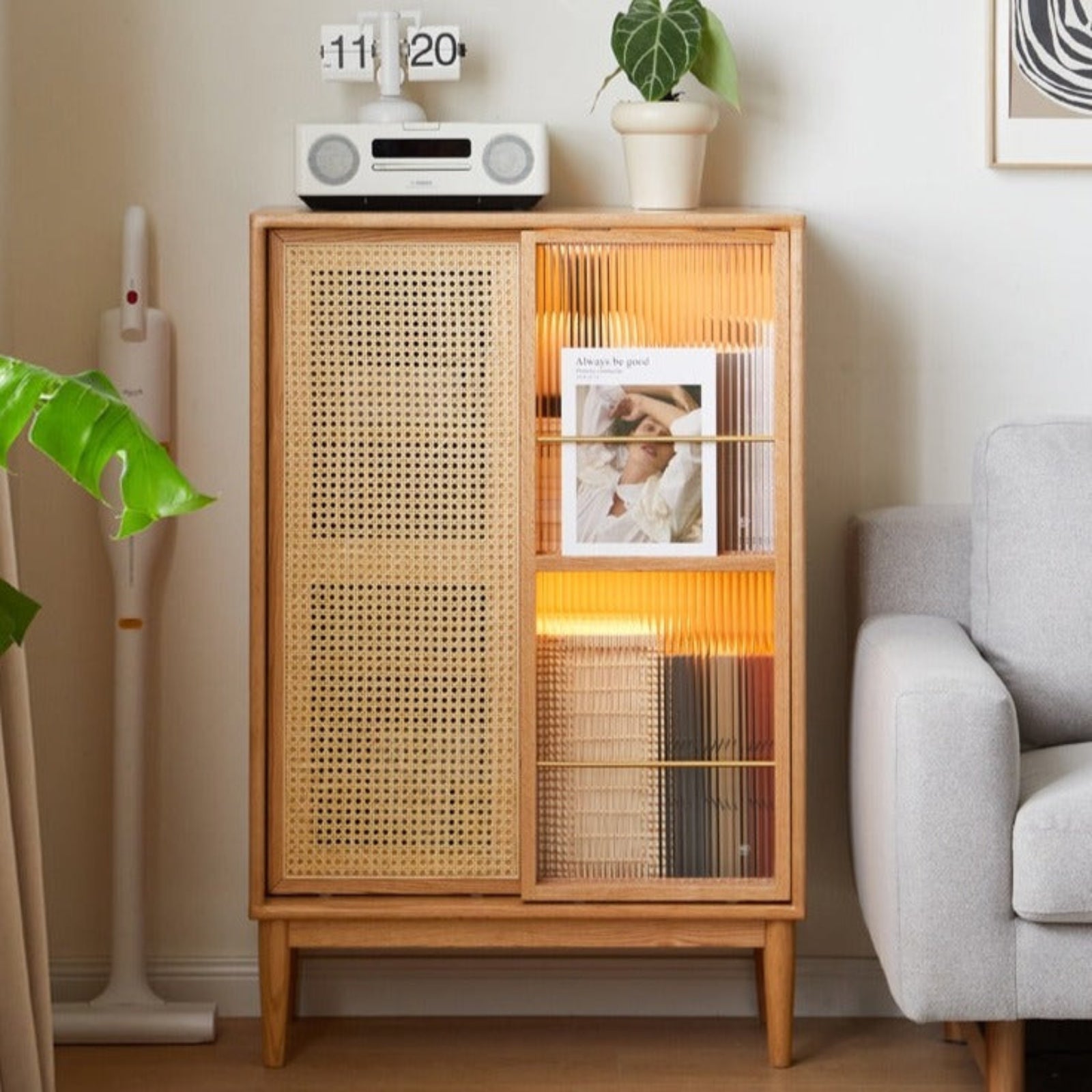 Oak Solid Wood Sliding Door Storage LED lights, Side Cabinet.