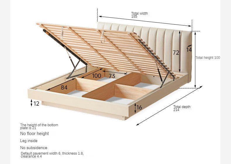 Oak, Rubber Wood Solid Wood Cream Technical Fabric Suspended Box Storage Bed